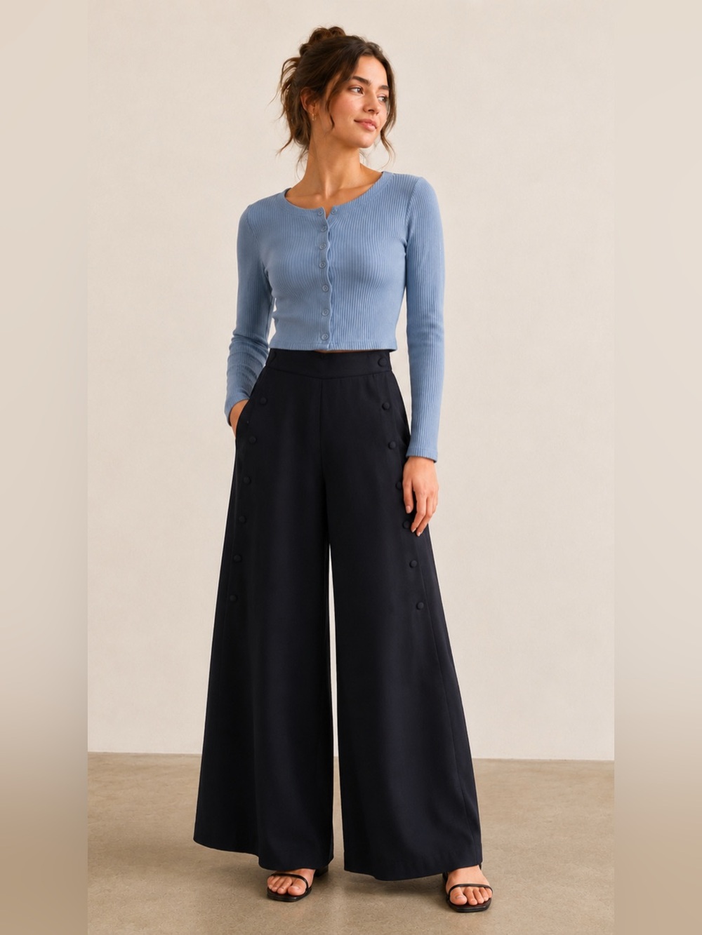 Two Roads Vintage Women’s Black Wide-Leg Button-Accent Pants
